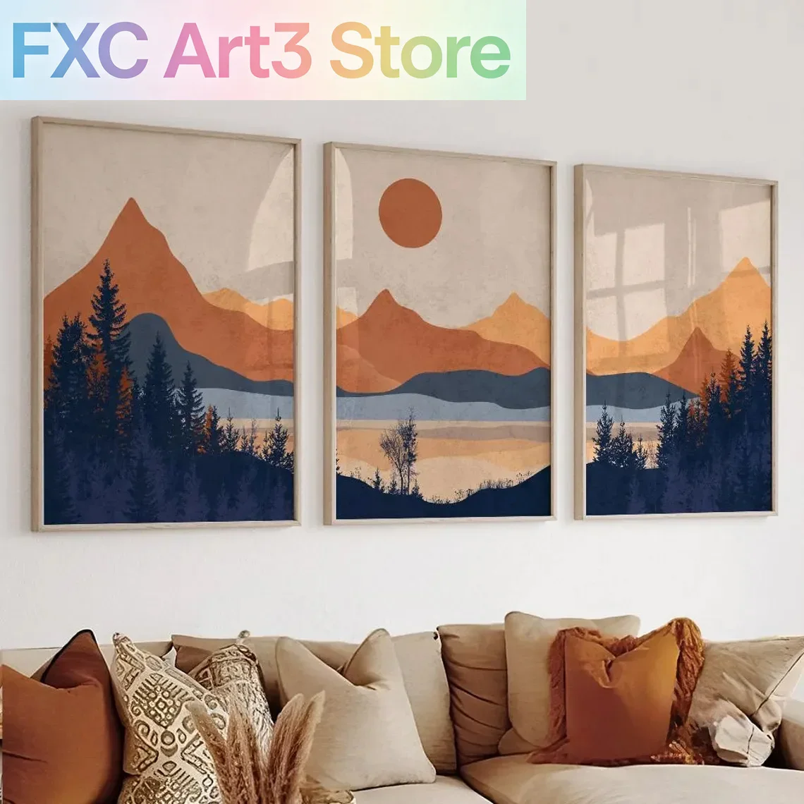 Photography Course - 3pcs/Set frameless,Terracotta Blue Minimalist Landscape Abstract